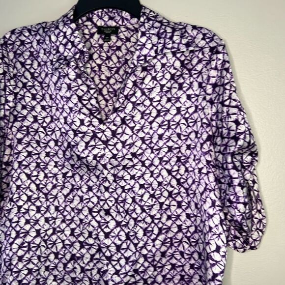 Talbots Blouse Women’s Petites Size 12P Purple White Silk Blend Top Roll tab - Picture 2 of 8